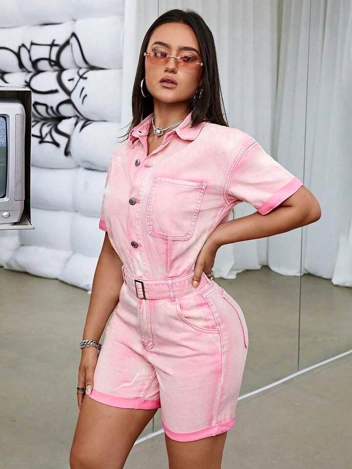 CM-JS463751 Women Casual Seoul Style Button Front Belted Denim Romper - Pink