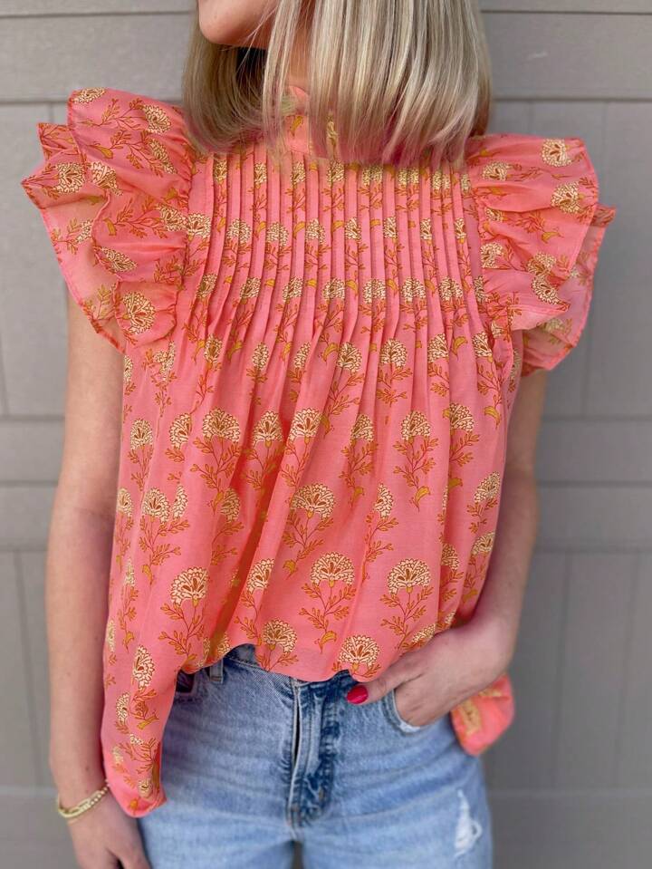 CM-TS895871 Women Trendy Bohemian Style Floral Print Fly Sleeves Ruffled High Neck Blouse - Orange