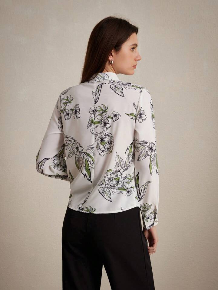 CM-TS881728 Women Casual Seoul Style Random Printed Bow-Tie Long Sleeve Shirt