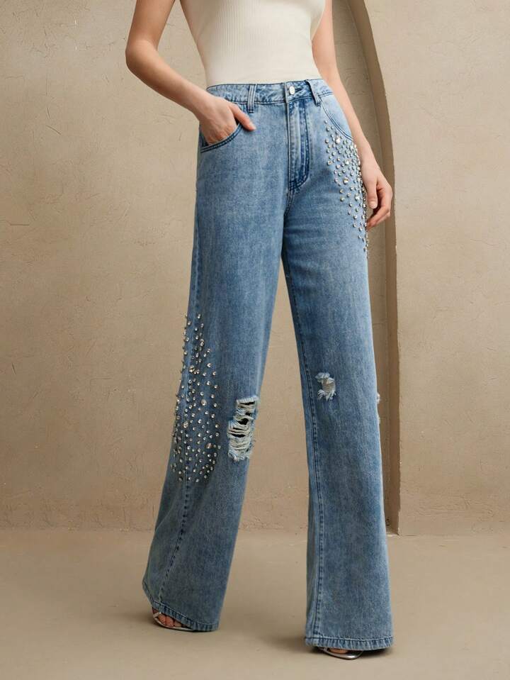 CM-BS971997 Women Elegant Seoul Style Mid Waist Rhinestone Studded Straight-Leg Jeans - Blue