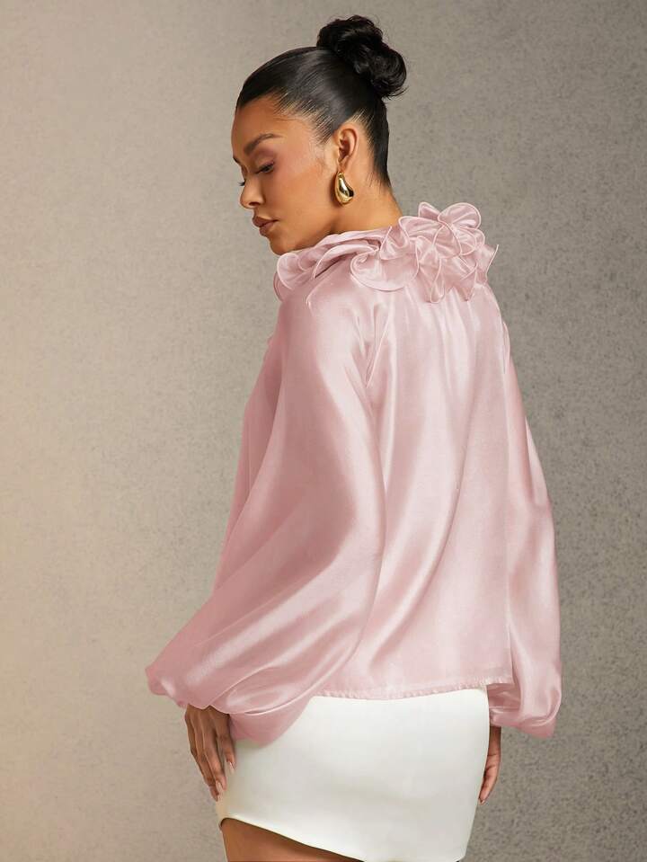 CM-TS725292 Women Elegant Seoul Style Solid Color Ruffle Trim Tie Neck Lantern Sleeve Blouse - Dusty Pink