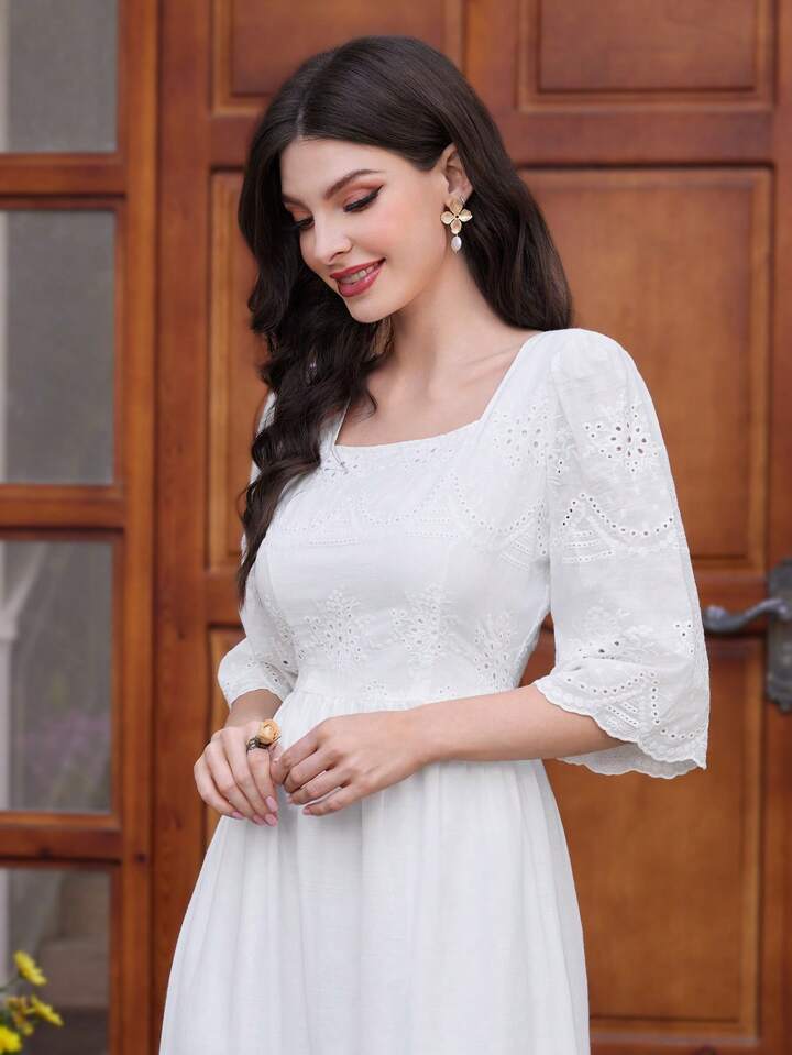 CM-DS576511 Women Trendy Bohemian Style Square Neck Embroidered 3/4 Sleeve Maxi Dress - White