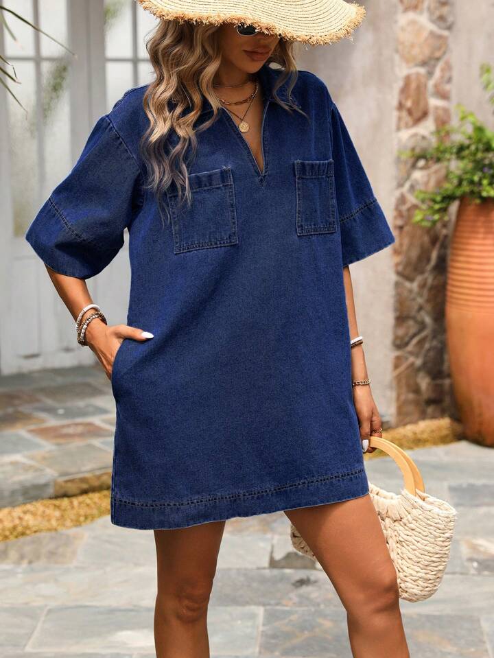 CM-DS279478 Women Casual Seoul Style Dark Wash Collar Neckline Short Sleeve Denim Dress