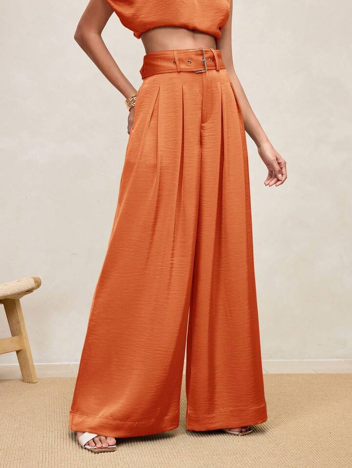 CM-BS906464 Women Casual Seoul Style High Waist Pleated Wide Leg Pants - Orange