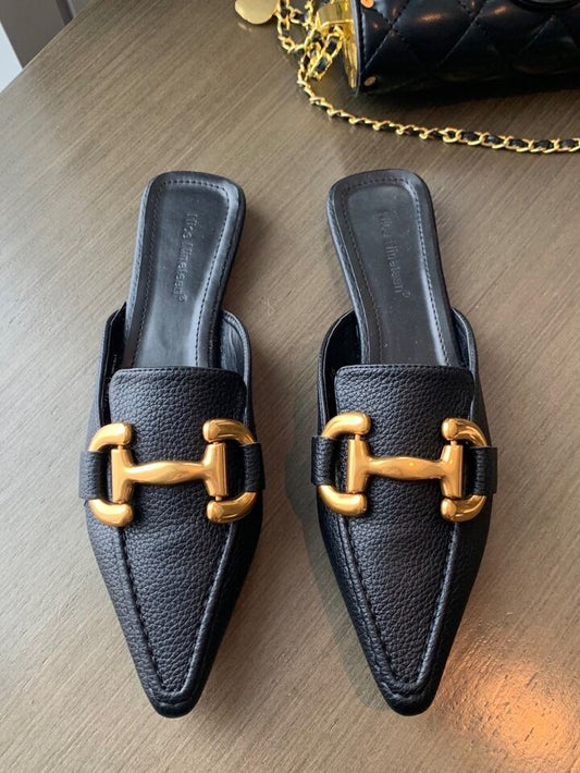CM-SHS708759 Women Trendy Seoul Style Square Toe Metal Decor Flat Mules - Black