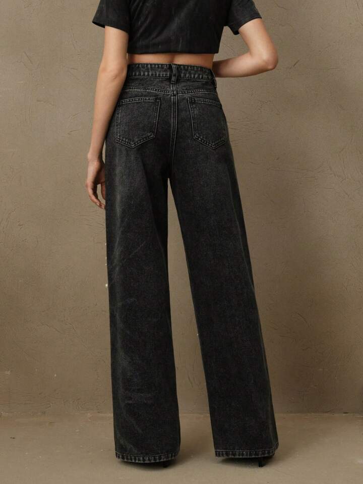 CM-BS791900 Women Casual Seoul Style High Waist Pearl Embellished Straight Loose Wide Leg Jeans - Black