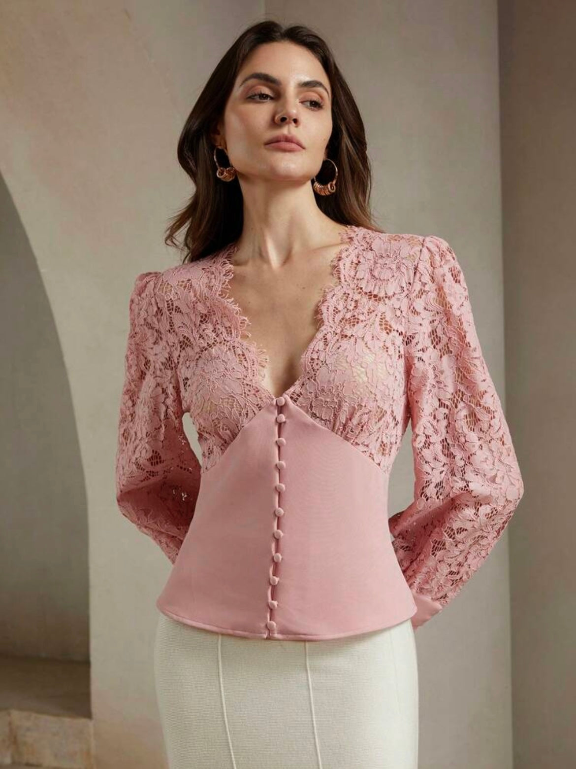 CM-TS031210 Women Elegant Seoul Style V-Neck Lace Patchwork Cinching Waist Top - Pink