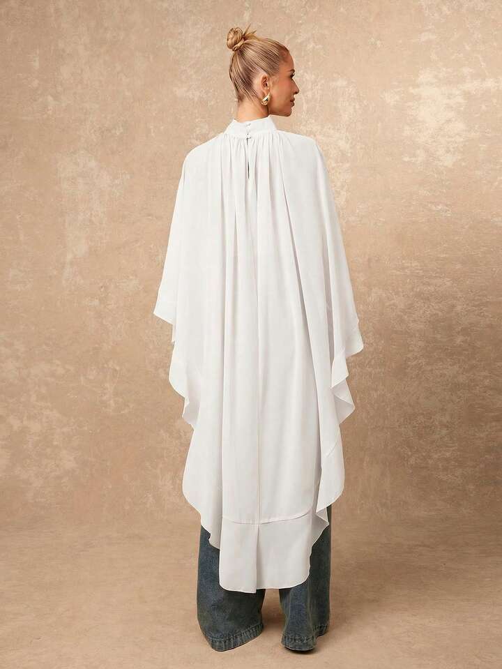 CM-TS820927 Women Casual Seoul Style Asymmetric Ruffle Hem Loose Collar Shawl Blouse - White