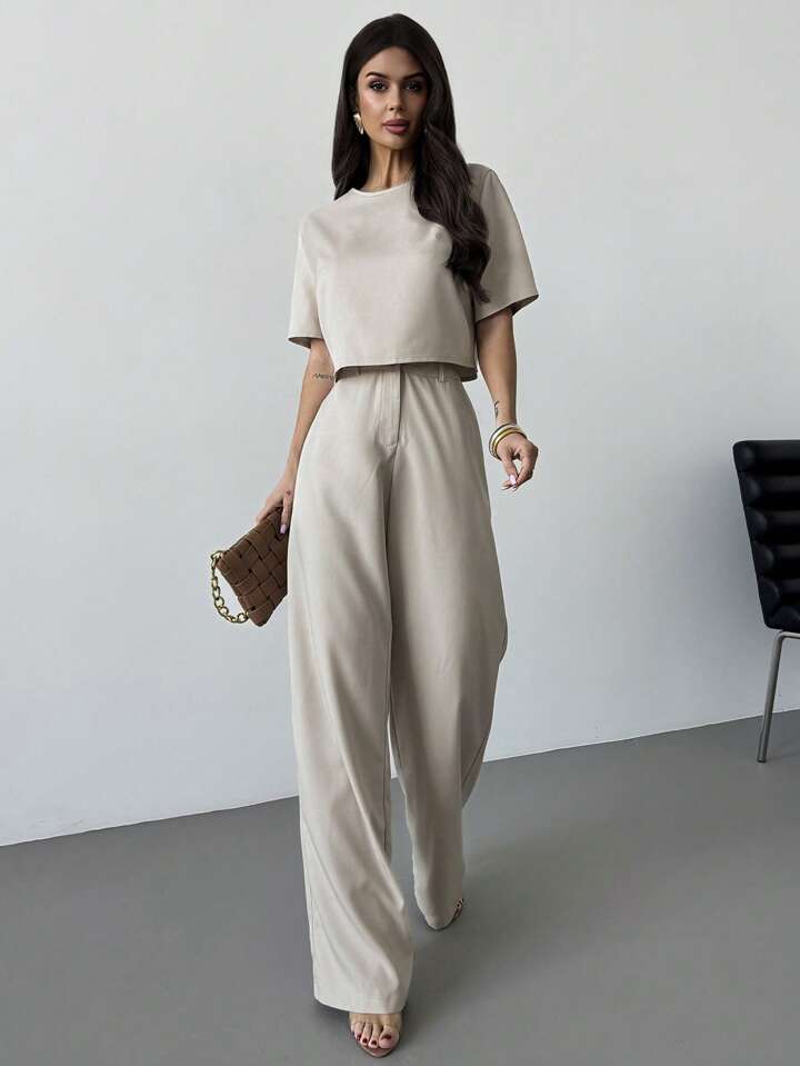 CM-SS569920 Women Casual Seoul Style Solid Color Round Neck Cropped Shirt With Wide Leg Pants - Set
