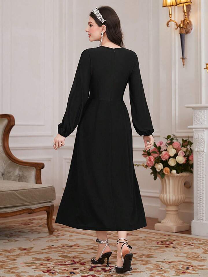 CM-DS472488 Women Elegant Seoul Style Rhinestone Decorated Lantern Sleeve Dress - Black