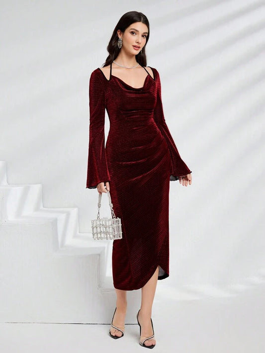 CM-DS336941 Women Elegant Seoul Style Wrap Draped Square Neck Bell Sleeve Dress - Burgundy