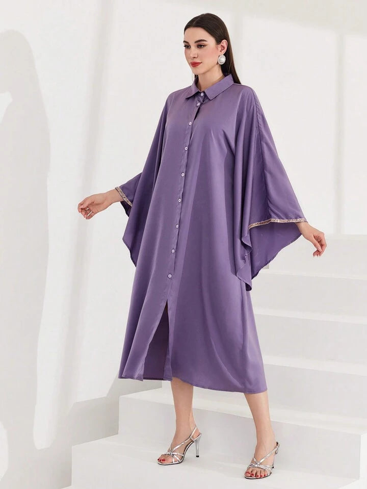 CM-DS160067 Women Elegant Seoul Style Batwing Sleeve Single Breasted Dress - Mauve Purple