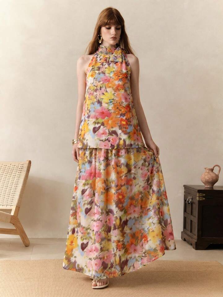 CM-SS363003 Women Trendy Bohemian Style Floral Print Tie Neck Sleeveless Top With Long Skirt - Set