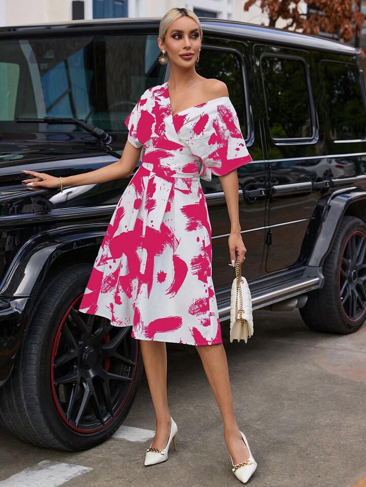 CM-DS886308 Women Trendy Bohemian Style Brush Print Asymmetrical Neck Dress - Hot Pink
