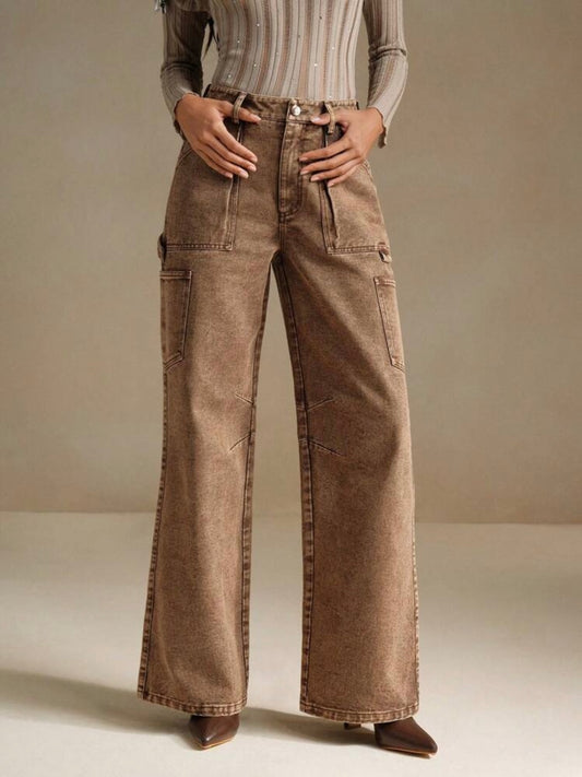 CM-BS336480 Women Casual Seoul Style Pocket Relaxed Straight Leg Denim Jeans - Brown