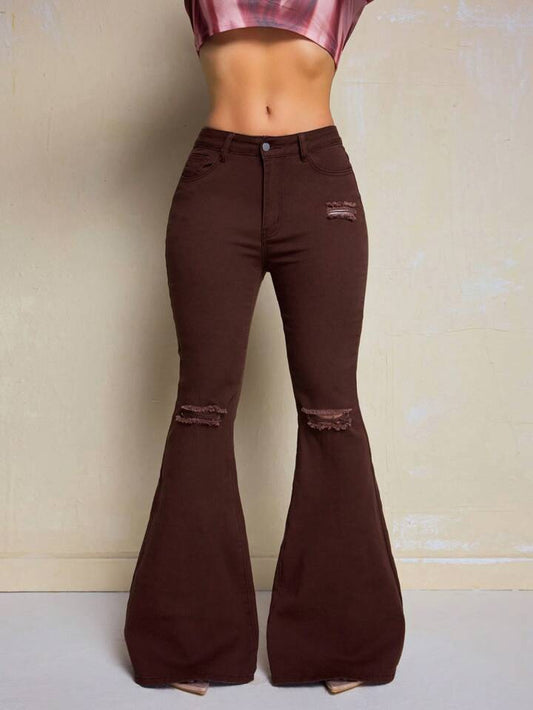 CM-BS438585 Women Casual Seoul Style Solid Color Frayed Hem Skinny Flared Jeans - Coffee Brown