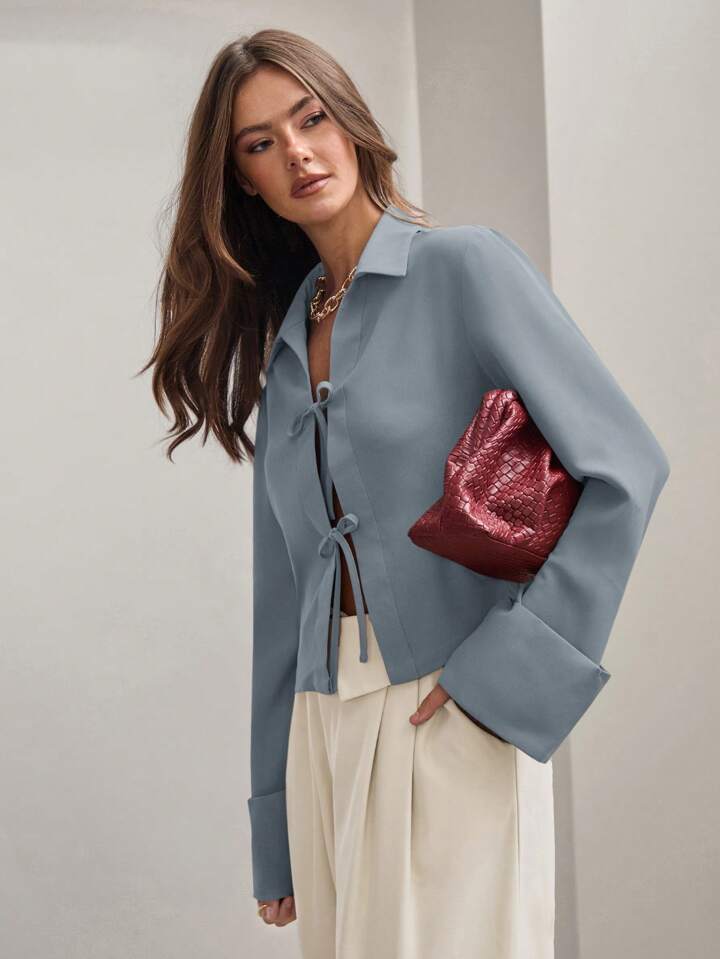 CM-TS815344 Women Trendy Bohemian Style Shirt Collar Front Tie Long Sleeve Shirt - Baby Blue