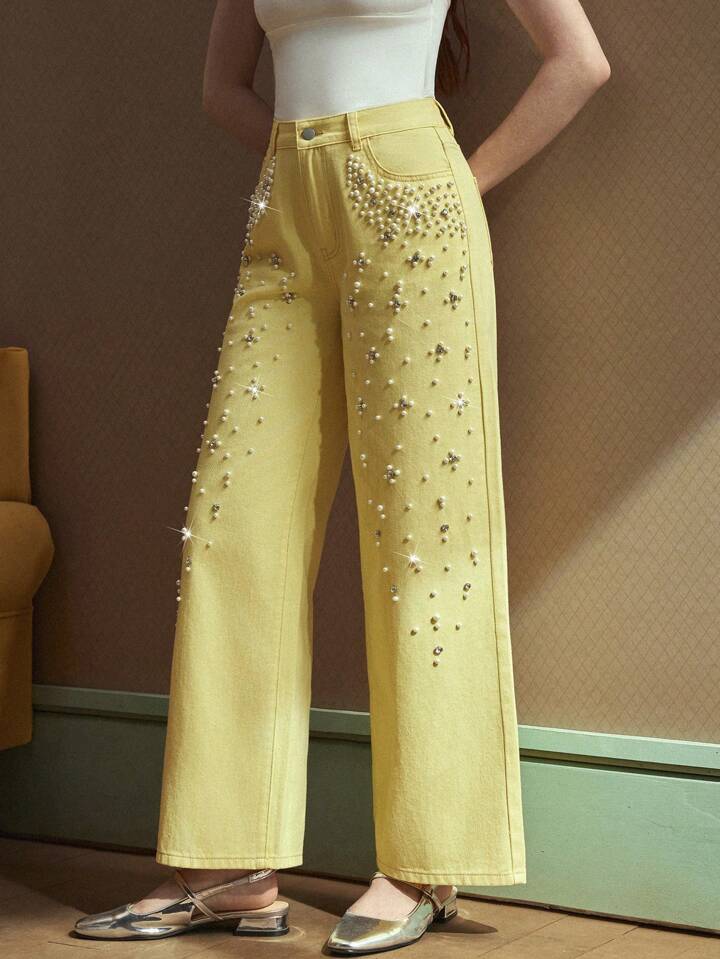 CM-BS414711 Women Casual Seoul Style Pearl Decor Pocket Wide Leg Loose Fit Jeans - Yellow