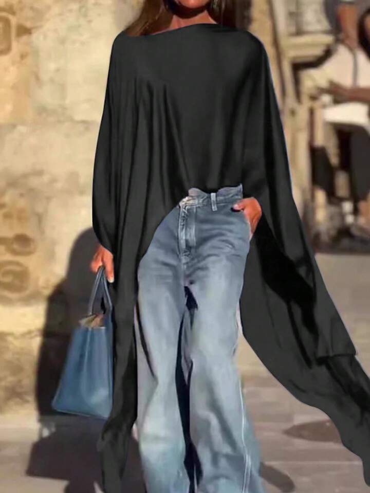 CM-TS892152 Women Casual Seoul Style Round Neck Batwing Sleeve Asymmetrical Long Shirt - Black
