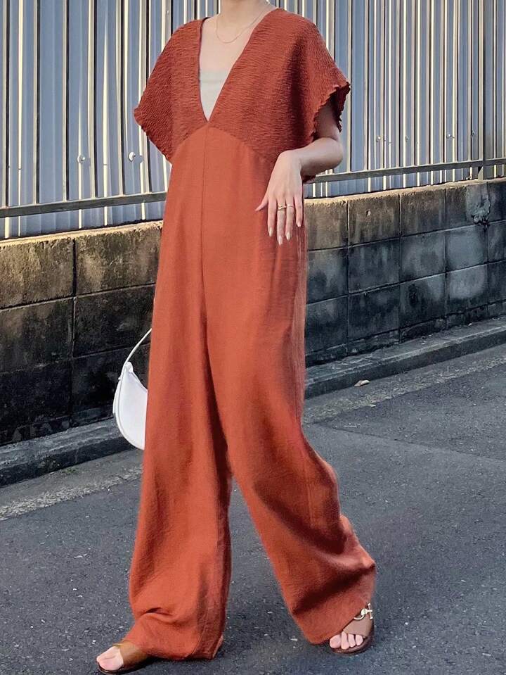 CM-JS607700 Women Trendy Bohemian Style V-Neck With Drawstring Jumpsuit Trousers - Orange