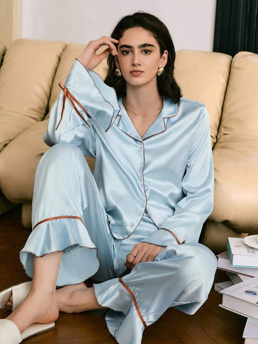 CM-LS071247 Women Trendy Seoul Style Ruffle Splicing Contrast Bow Satin Loungewear Set - Blue