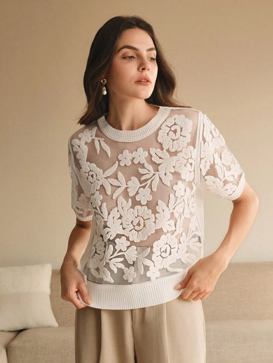 CM-TS314114 Women Casual Seoul Style Floral Mesh Round Neck Short Sleeve Knit Top - White