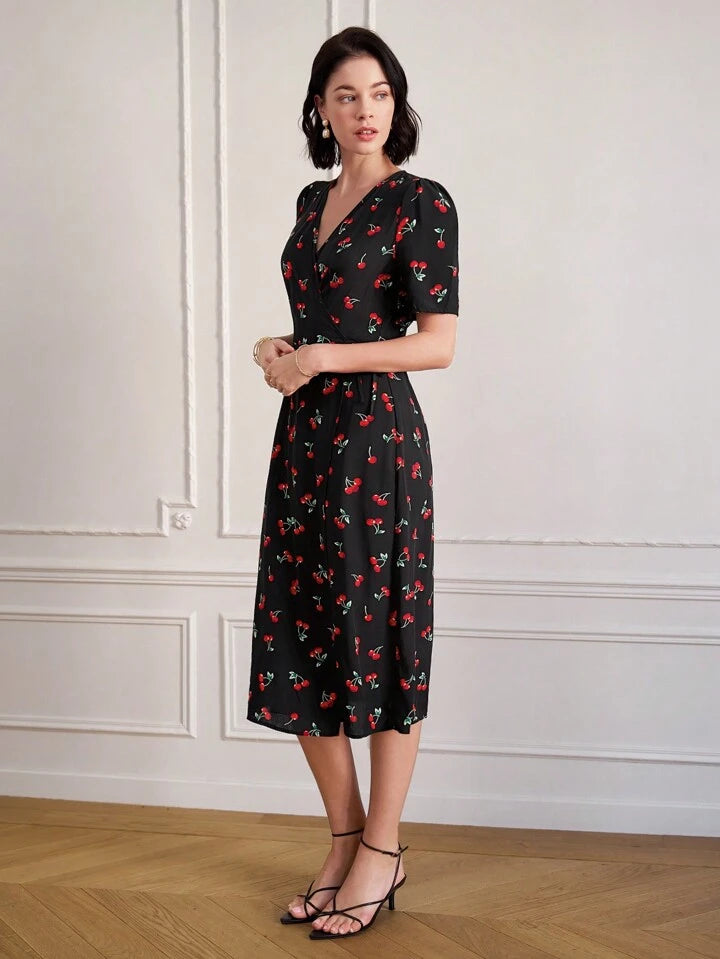 CM-DS467484 Women Trendy Bohemian Style V-Neck Cherry Print A-Line Midi Dress