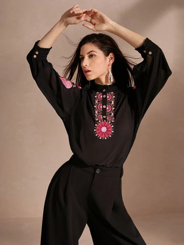 CM-TS085700 Women Trendy Bohemian Style Single-Breasted Floral Embroidery Long Sleeve Shirt