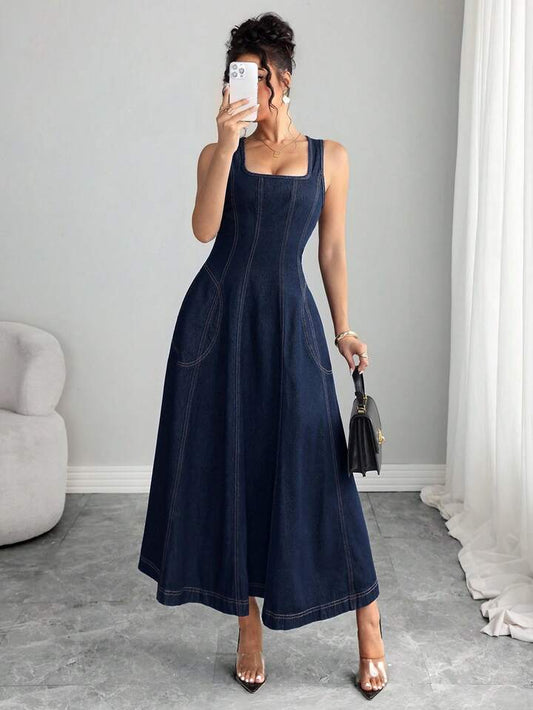 CM-DS167300 Women Elegant Seoul Style Dark Wash Square Neck Sleeveless High Waist Midi Denim Dress