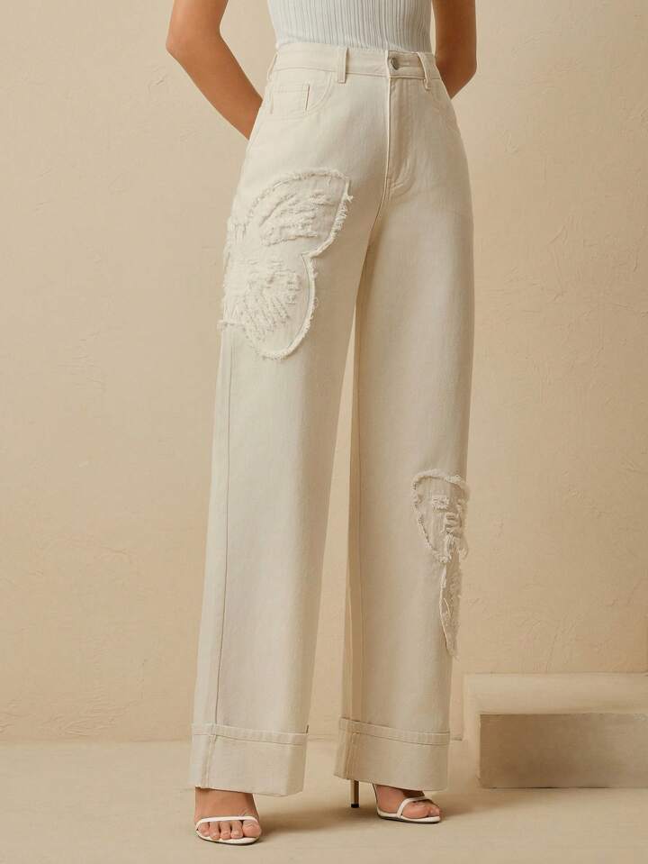 CM-BS822212 Women Casual Seoul Style Mid Waist Embroidered Straight Leg Jeans - Apricot