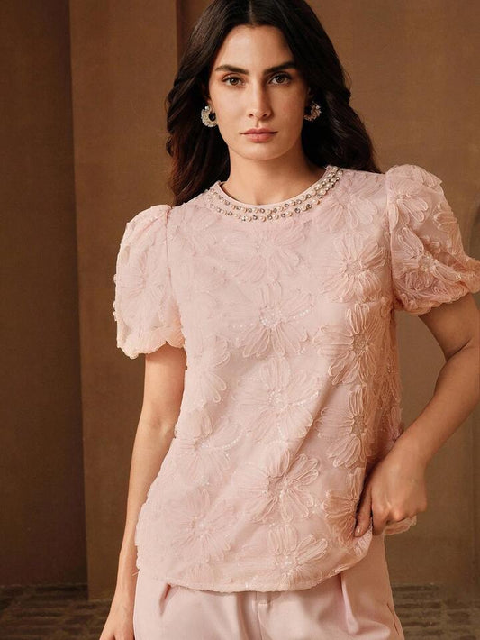 CM-TS228826 Women Elegant Seoul Style Pearl Embroidered Floral Mesh Round Neck Petal Sleeve Blouse - Pink
