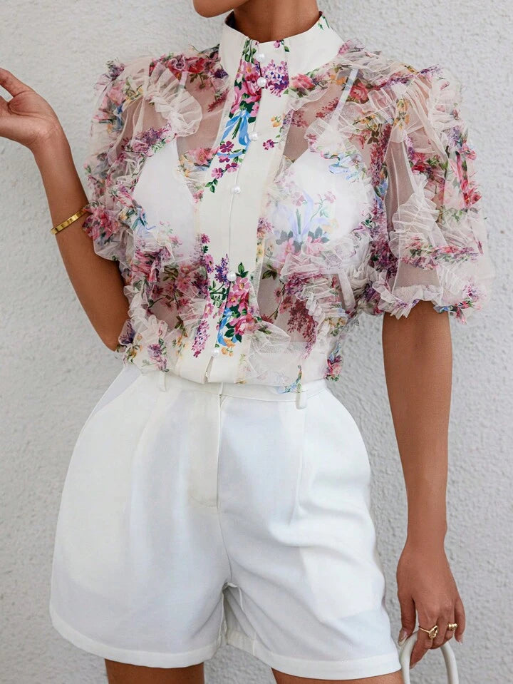 CM-TS719176 Women Trendy Bohemian Style Floral Printed See-Through Short Sleeve Shirt - White