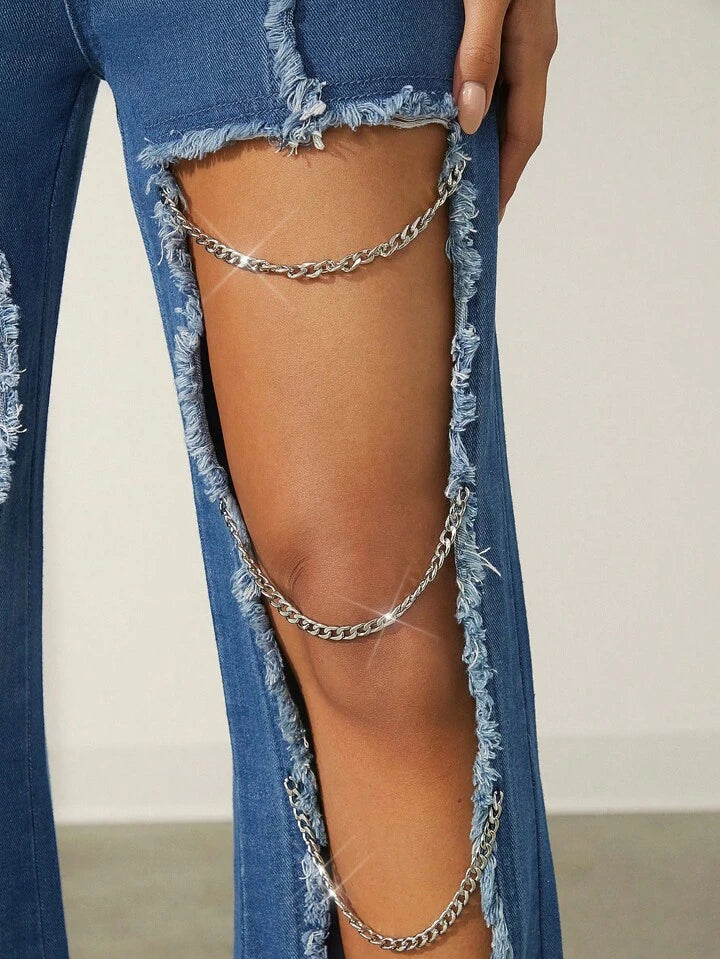 CM-BS616056 Women Casual Seoul Style Medium Wash Patchwork Frayed Chain Design Ripped Jeans