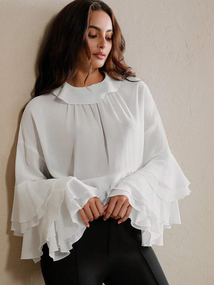 CM-TS115271 Women Elegant Seoul Style Flounce Collar Long Sleeve Silk Chiffon Shawl Top Ruffle Hem Loose Blouse