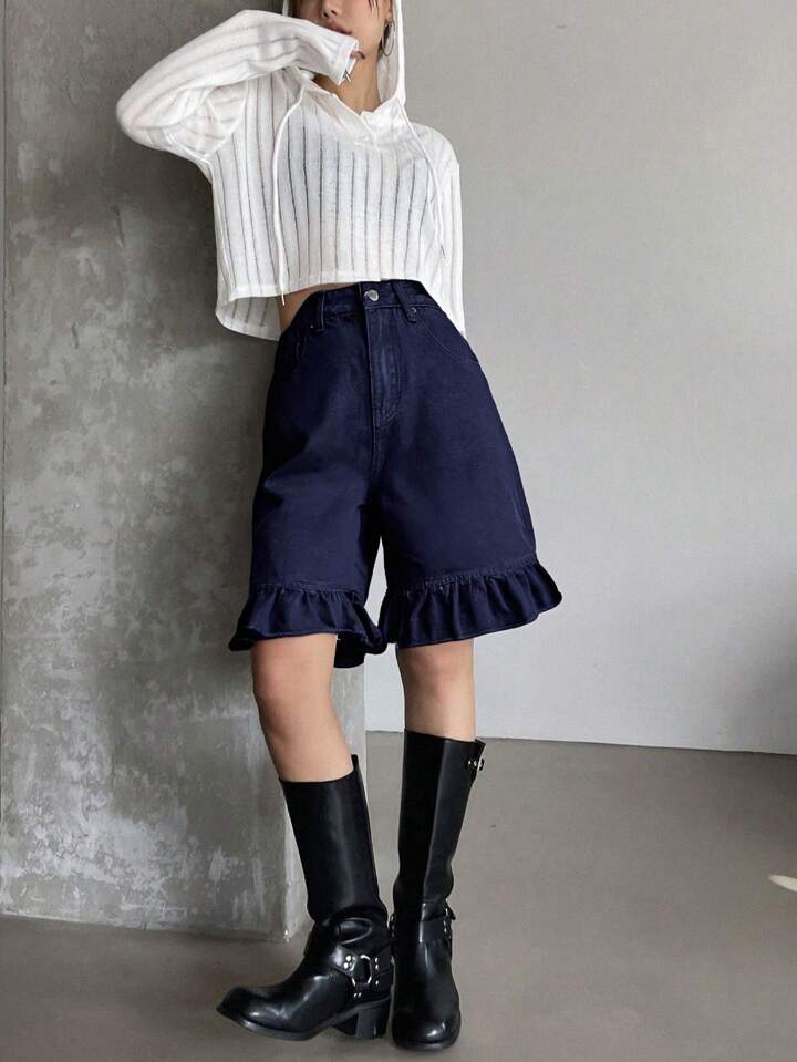 CM-BS239229 Women Casual Seoul Style Dark Wash Ruffle Trim Straight Leg Denim Shorts