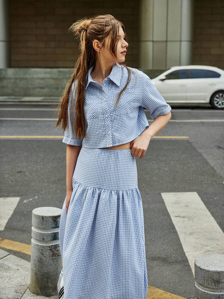 CM-SS327706 Women Casual Seoul Style Striped Print Front Button Short Sleeve Top With Ruffle Hem Skirt - Set