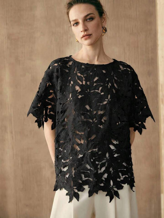 CM-TS052635 Women Trendy Bohemian Style Embroidered Round Neck Short Sleeve Top - Black