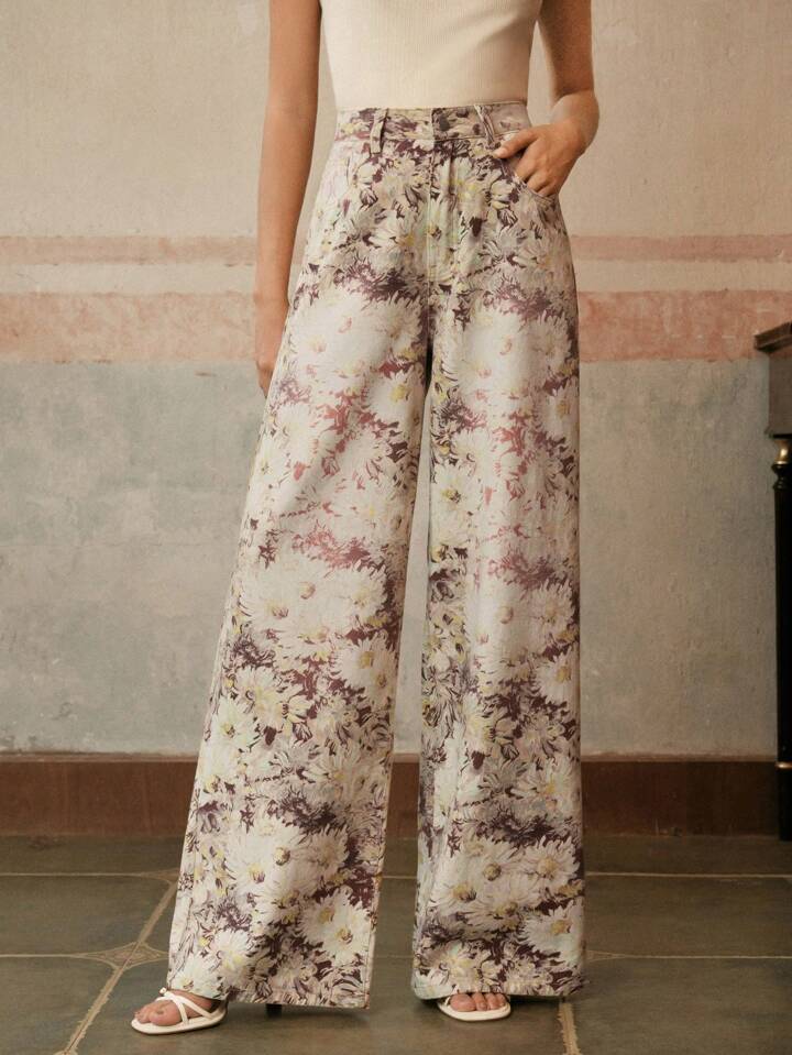 CM-BS172777 Women Casual Seoul Style Floral Printed High-Waisted Wide Leg Jeans - Yellow