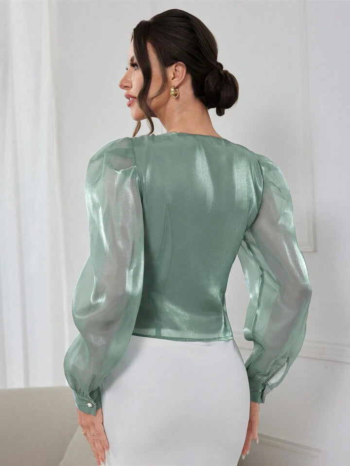 CM-TS542789 Women Elegant Seoul Style Solid Color V-Neck Puff Sleeve Wrap-Around Shirt - Green