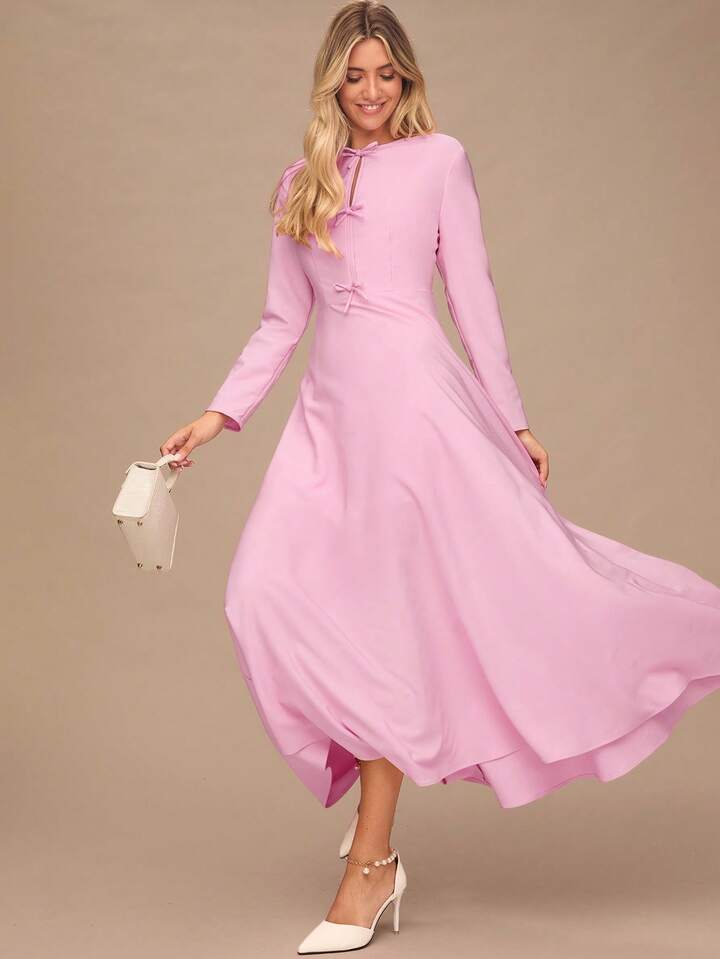 CM-DS775663 Women Elegant Seoul Style Bowknot Decor Round Neck Long Sleeves Maxi Dress - Pink