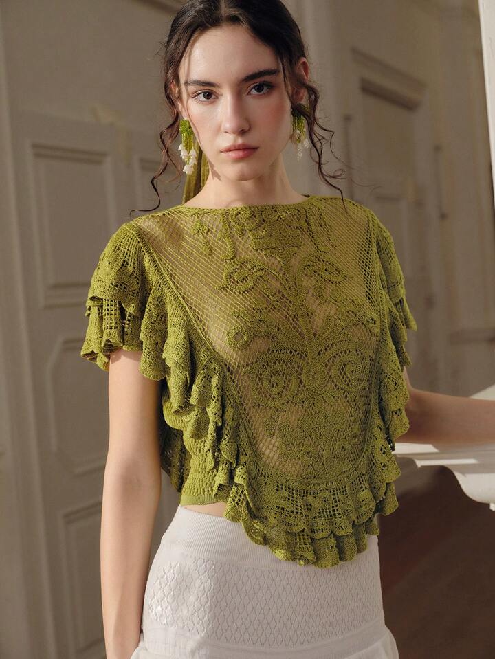 CM-TS299668 Women Elegant Seoul Style Round Neck Sleeveless Elastic Ruffled Hem Cropped Top - Green