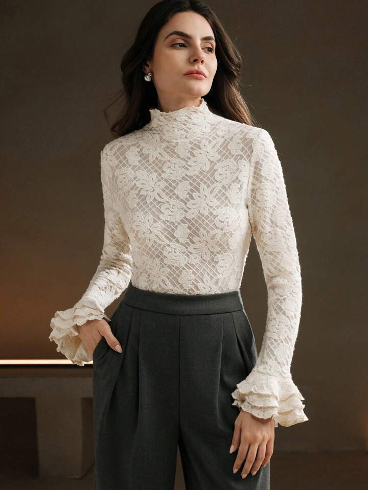 CM-TS929621 Women Elegant Seoul Style Stand Collar Long Sleeve Ruffle Cuff Fitted Crochet Blouse - Apricot