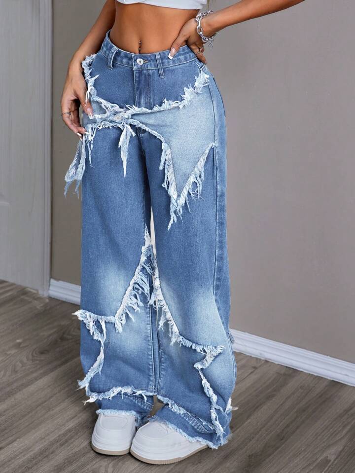 CM-BS141724 Women Casual Seoul Style Medium Wash Fringed Mom Fit Wide Leg Jeans
