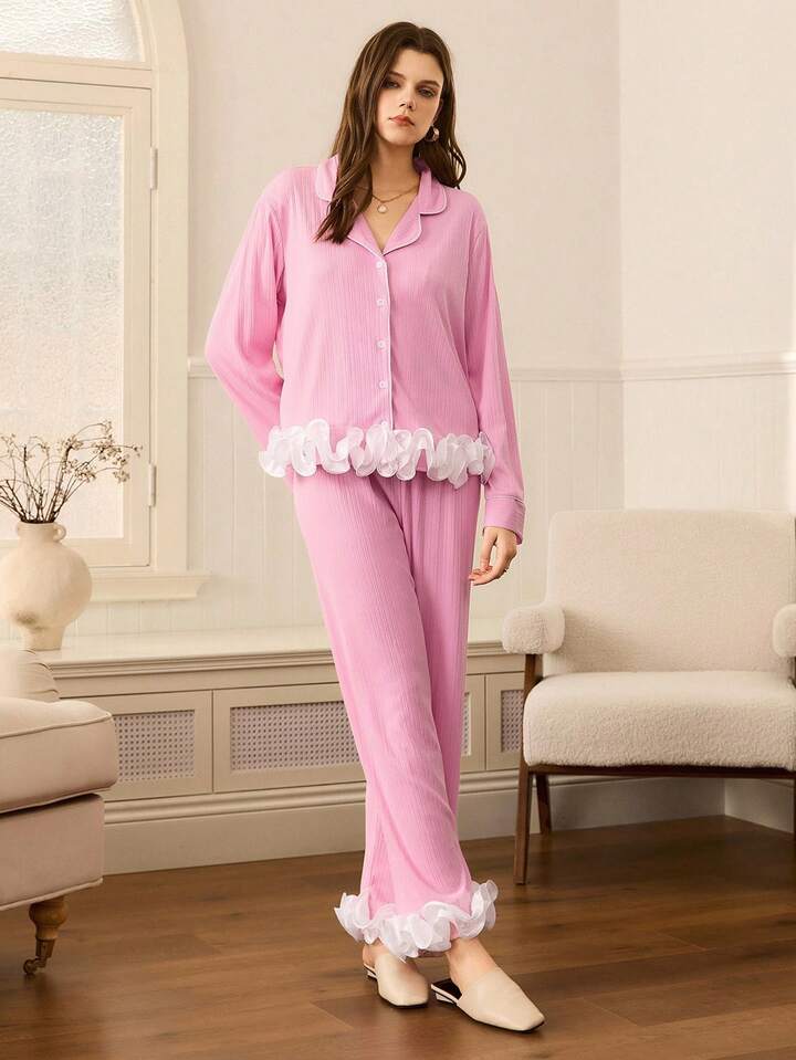 CM-LS632282 Women Trendy Seoul Style 3D Floral Patchwork Lapel Asymmetrical Ribbed Pajama Set - Pink