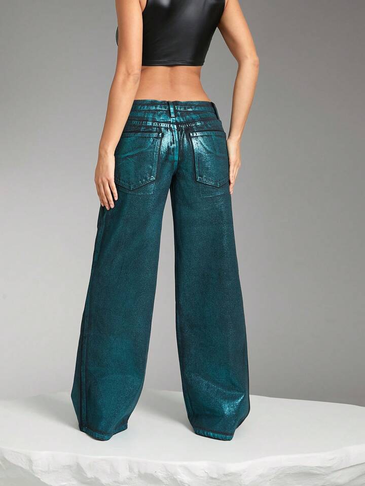 CM-BS043633 Women Casual Seoul Style Drop Waist Foil Low Rise Wide Leg Jeans - Green
