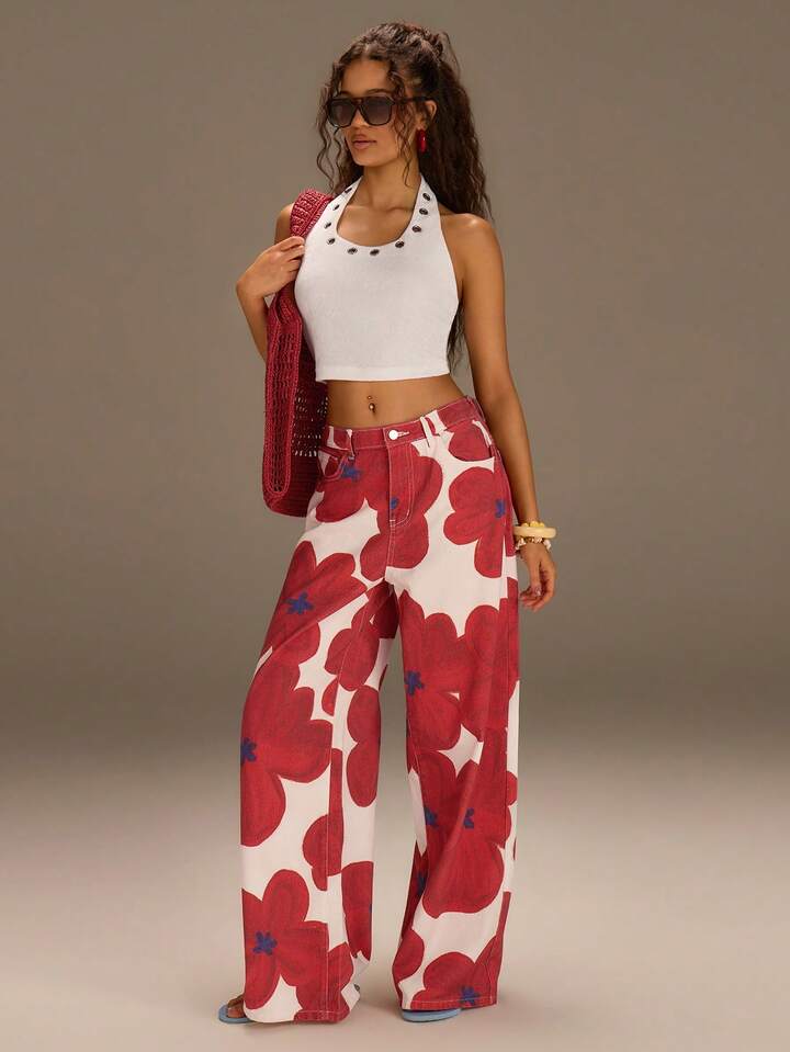 CM-BS033640 Women Casual Seoul Style Floral Print Mid Waist Floral Print Wide Leg Denim Jeans