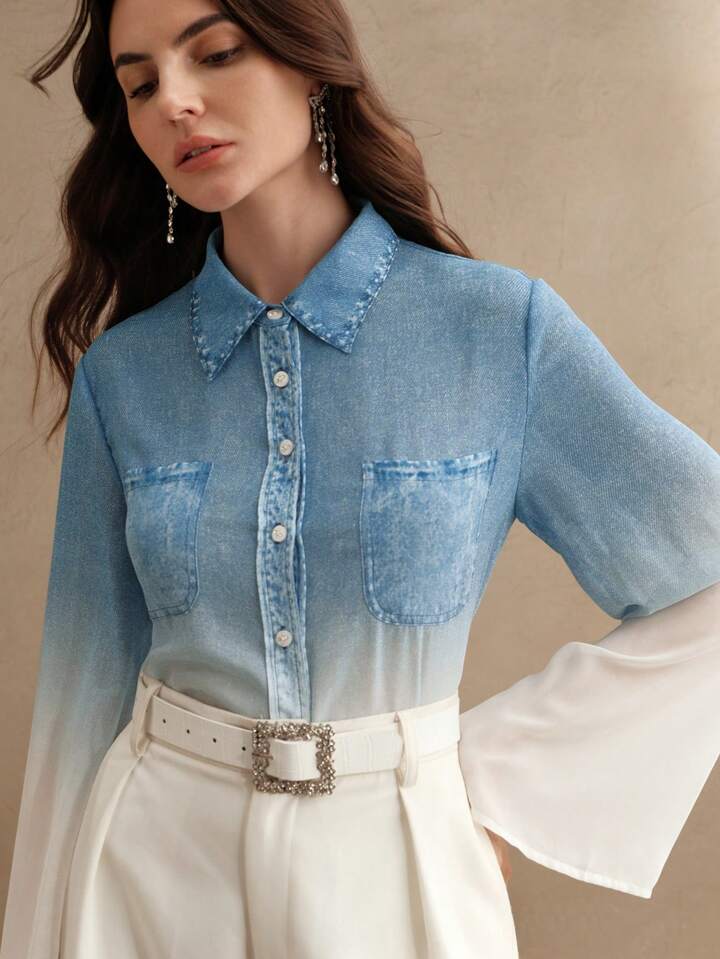 CM-TS772007 Women Casual Seoul Style Chiffon Fabric Imitation Denim Gradient Long Sleeved Shirt - Blue