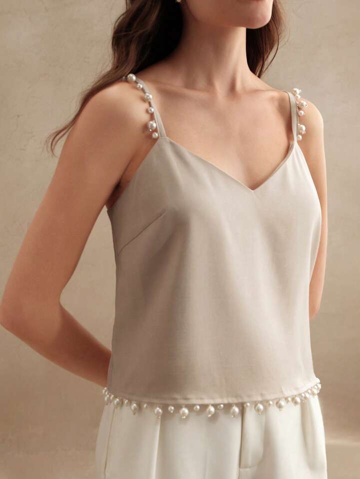CM-TS466831 Women Elegant Seoul Style Spaghetti Strap Pearl Decor Camisole - Camel