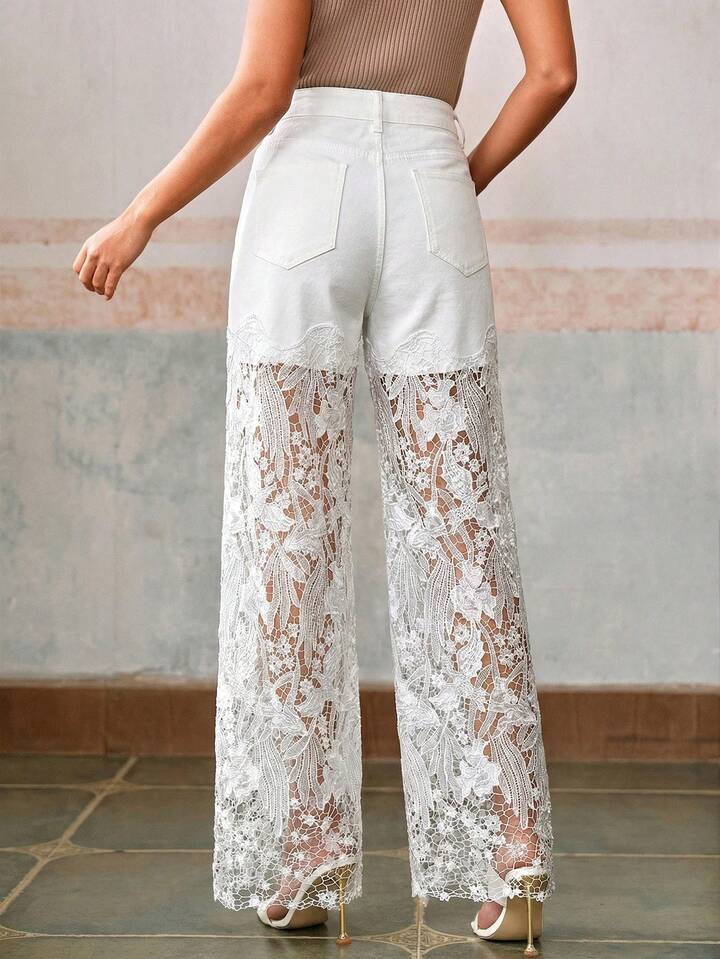 CM-BS987518 Women Elegant Seoul Style Mid Waist Lace Rhinestone Straight Leg Pants - White