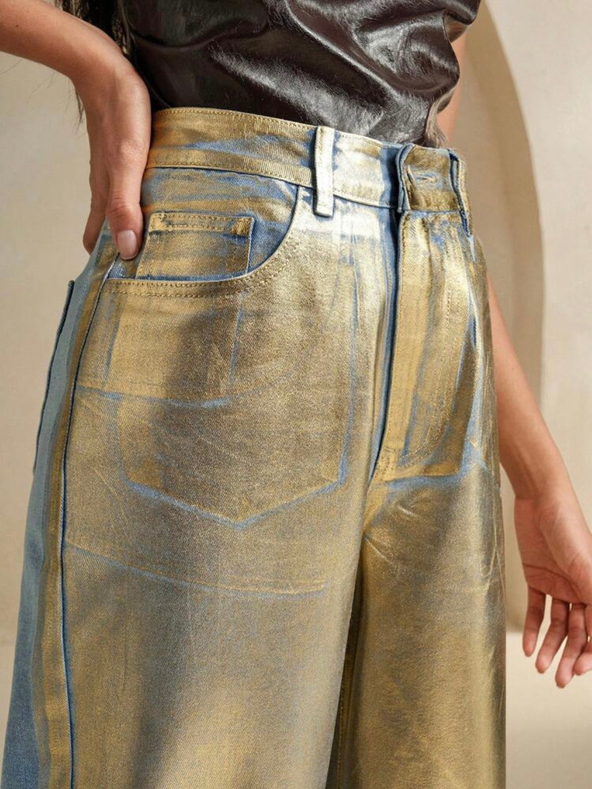 CM-BS820399 Women Elegant Seoul Style Metallic Patchwork Loose High Waist Straight Leg Jeans - Blue